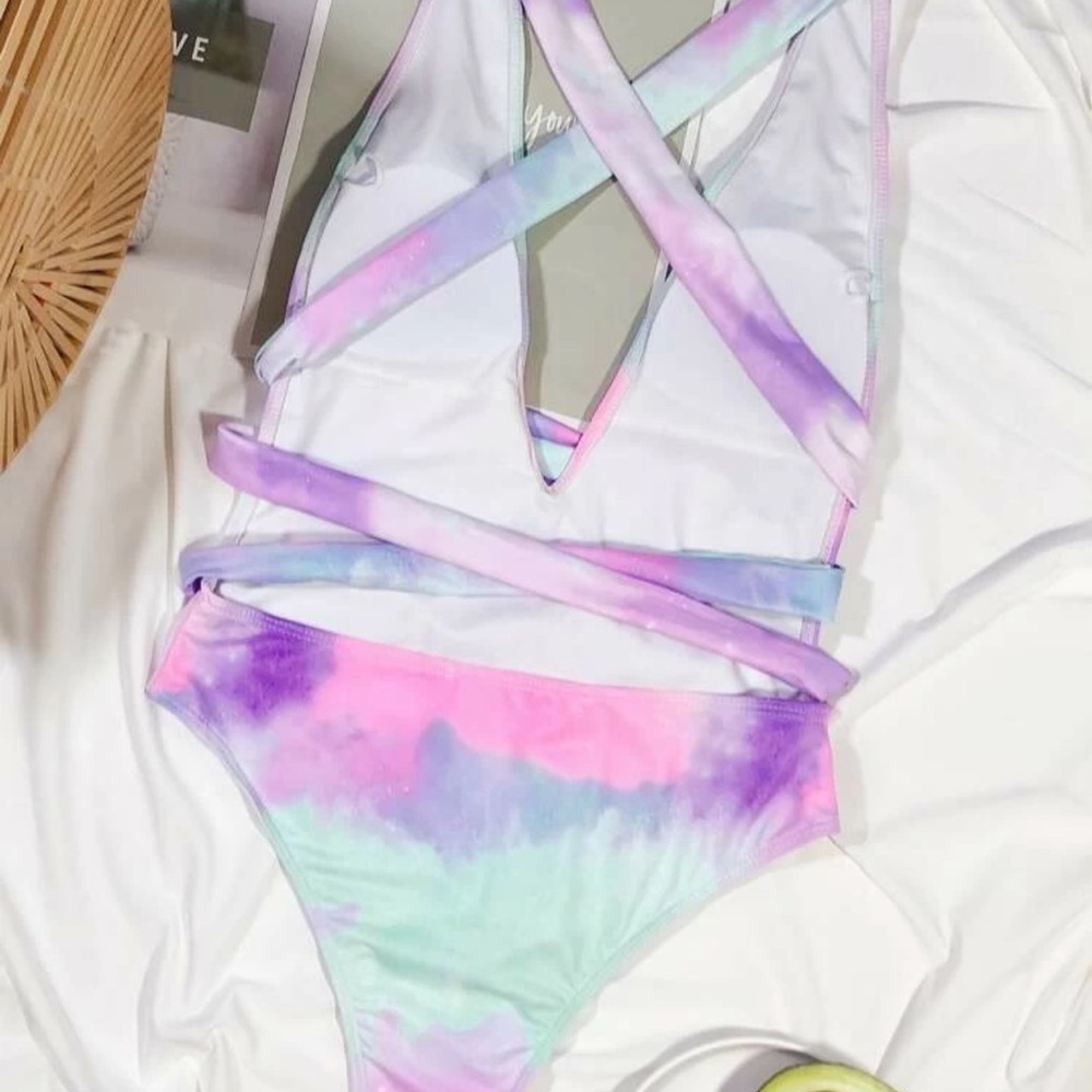 Wrap tie tiedye one piece swimsuit pink blue - Picture 3 of 3